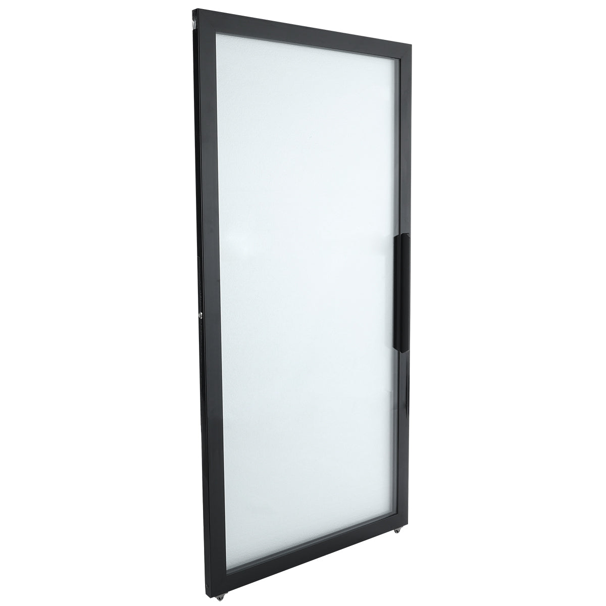 A rectangular, frosted glass Empura Refrigeration door with a black metal frame and a vertical black handle on the right side. The door is shown at a slight angle, showcasing its thickness and sturdy construction against a plain white background.
