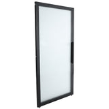 A rectangular, frosted glass Empura Refrigeration door with a black metal frame and a vertical black handle on the right side. The door is shown at a slight angle, showcasing its thickness and sturdy construction against a plain white background.