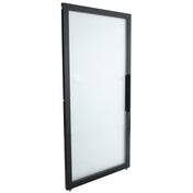 A rectangular, frosted glass Empura Refrigeration door with a black metal frame and a vertical black handle on the right side. The door is shown at a slight angle, showcasing its thickness and sturdy construction against a plain white background.