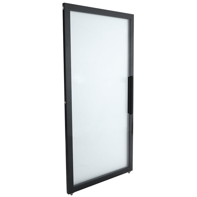 A rectangular, frosted glass Empura Refrigeration door with a black metal frame and a vertical black handle on the right side. The door is shown at a slight angle, showcasing its thickness and sturdy construction against a plain white background.