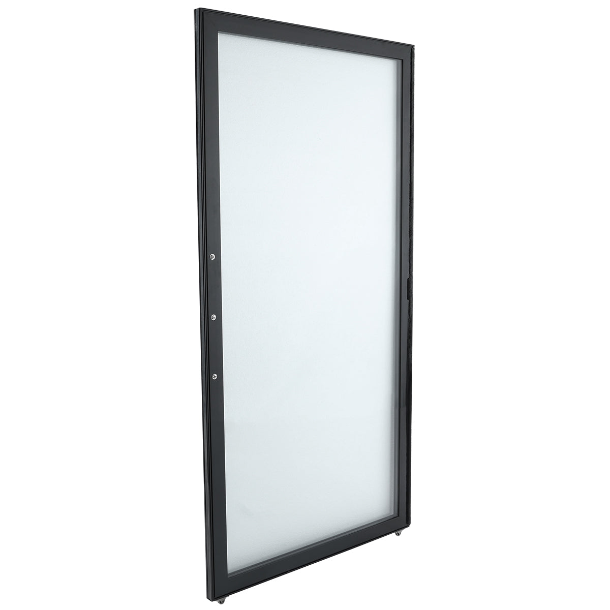 A single, tall glass door with a black metal frame, standing upright at a slight angle—ideal as an Empura Refrigeration Door Right. The frosted glass obscures visibility, and three round locks or holes line one side. The background is plain white.