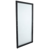 A single, tall glass door with a black metal frame, standing upright at a slight angle—ideal as an Empura Refrigeration Door Right. The frosted glass obscures visibility, and three round locks or holes line one side. The background is plain white.