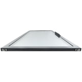 A flat, rectangular glass panel with a black metal frame viewed from a low angle, featuring metal brackets on both front corners and a black handle or latch. This Door Right panel is compatible with select Empura Refrigeration units. Background is plain white.