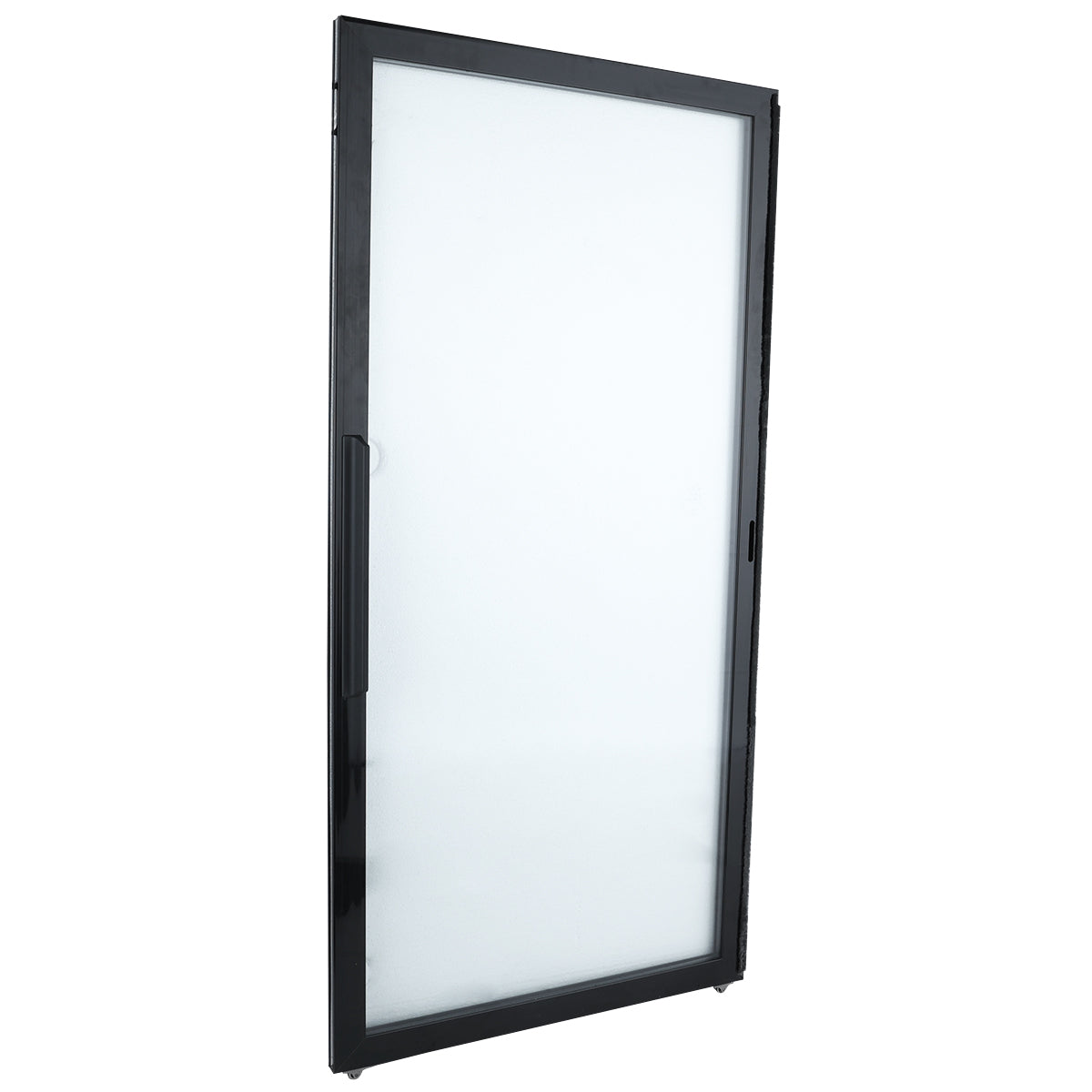 A single, rectangular Empura Refrigeration Door (Left) with a black metal frame stands upright at a slight angle. The frosted glass panel and vertical handle highlight this quality piece from Empura Parts against a plain white background.