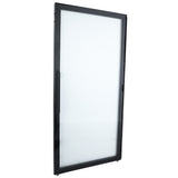 A single, rectangular Empura Refrigeration Door (Left) with a black metal frame stands upright at a slight angle. The frosted glass panel and vertical handle highlight this quality piece from Empura Parts against a plain white background.