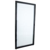 A single, rectangular Empura Refrigeration Door (Left) with a black metal frame stands upright at a slight angle. The frosted glass panel and vertical handle highlight this quality piece from Empura Parts against a plain white background.