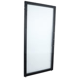 A black-framed rectangular glass door (left) is shown standing upright against a white background. The transparent panel features hardware holes along one side for handles or locks, suitable as an Empura Refrigeration replacement or other Empura parts.