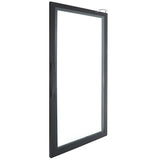 A single glass window with a dark, rectangular frame is shown slightly open, similar to a Door (Middle) in Empura Refrigeration units. The window is angled, revealing a handle on the left side and a latch at the top right against a plain white background.