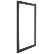 A single glass window with a dark, rectangular frame is shown slightly open, similar to a Door (Middle) in Empura Refrigeration units. The window is angled, revealing a handle on the left side and a latch at the top right against a plain white background.