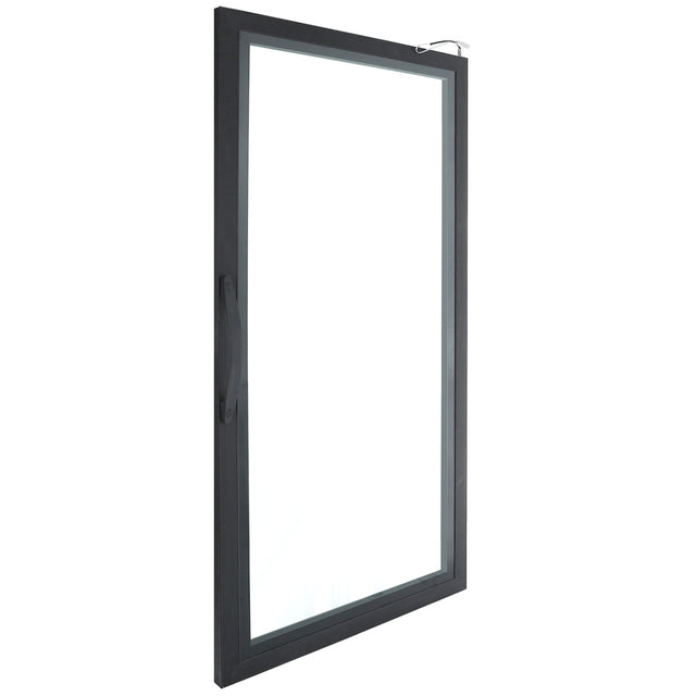 A single glass window with a dark, rectangular frame is shown slightly open, similar to a Door (Middle) in Empura Refrigeration units. The window is angled, revealing a handle on the left side and a latch at the top right against a plain white background.