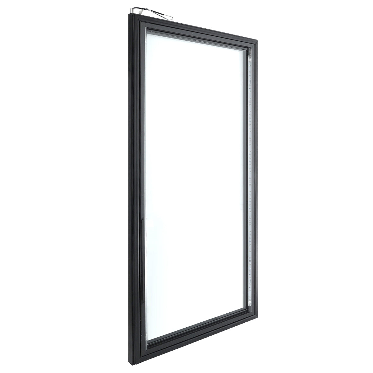 A single, black-framed rectangular window, reminiscent of an Empura Refrigeration Door (Middle), stands upright at an angle. Its modern design and clear pane are isolated on a white background, with the latch visible at the top left.
