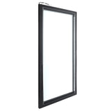 A single, black-framed rectangular window, reminiscent of an Empura Refrigeration Door (Middle), stands upright at an angle. Its modern design and clear pane are isolated on a white background, with the latch visible at the top left.