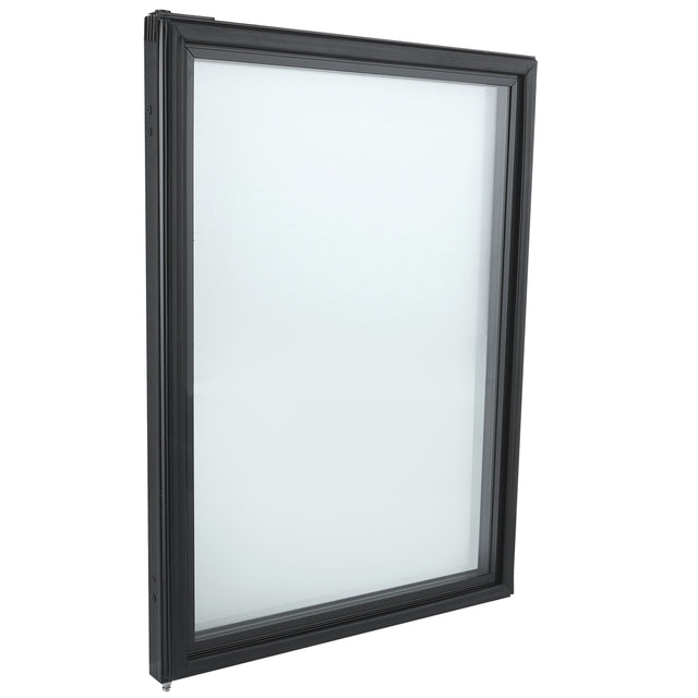 A rectangular window sash with a black frame, shown at an angle against a white background. The clear glass pane and modern lines echo the sleek design found in Empura Refrigeration units and compatible Empura Parts.
