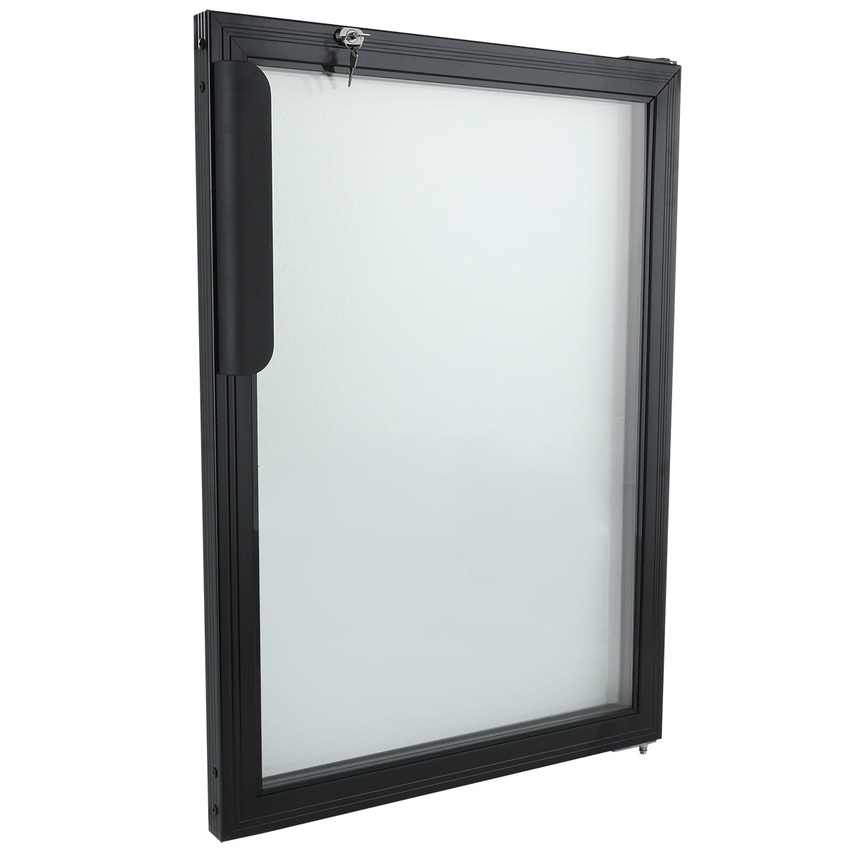 A black-framed rectangular window with clear glass, shown at an angle. Similar to an Empura Refrigeration Door Middle, it features a latch at the top and a vertical handle bar on the left side, suggesting it opens by tilting or rotating inward. The background is plain white.