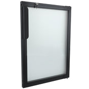A rectangular, black-framed glass window, resembling an Empura Refrigeration Door Right, is shown against a white background. It features a visible locking mechanism at the top and a vertical black handle on the left side for easy opening or closing.