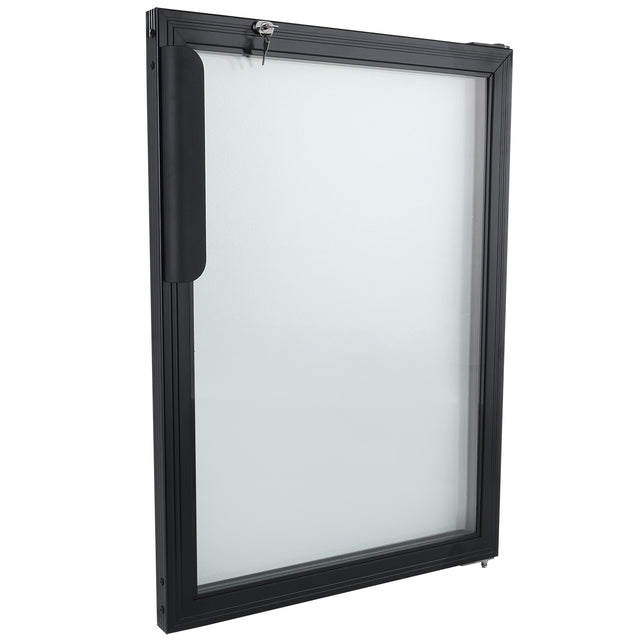 A rectangular, black-framed glass window, resembling an Empura Refrigeration Door Right, is shown against a white background. It features a visible locking mechanism at the top and a vertical black handle on the left side for easy opening or closing.