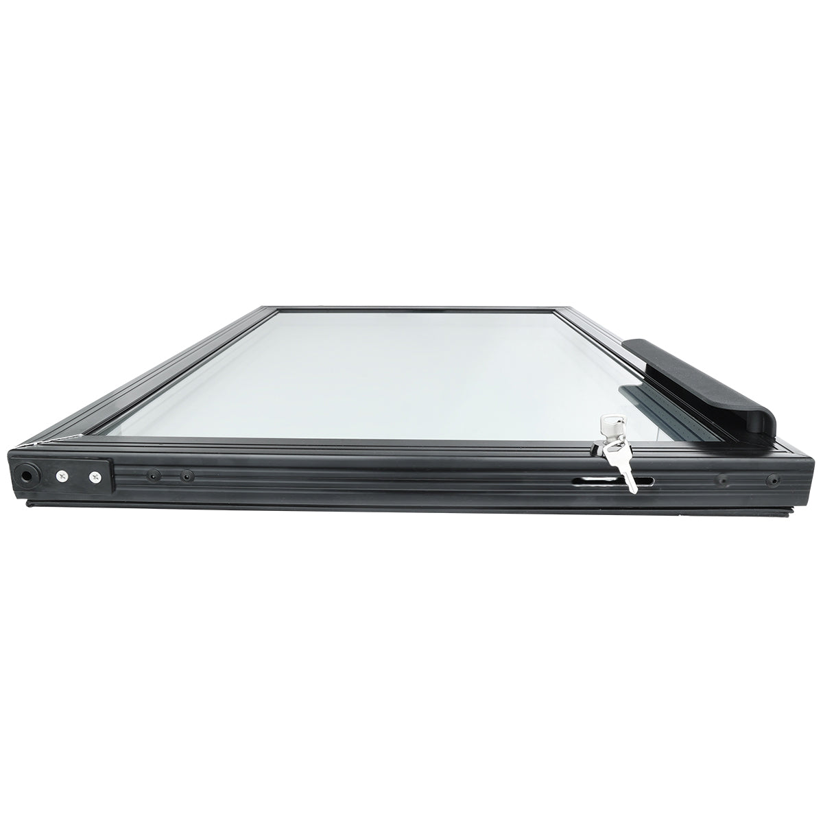 A black-framed, rectangular glass window or skylight—ideal for Empura Refrigeration units—is shown lying flat with a silver latch lock and a black handle on one side. The sleek, modern frame features clean, straight edges.