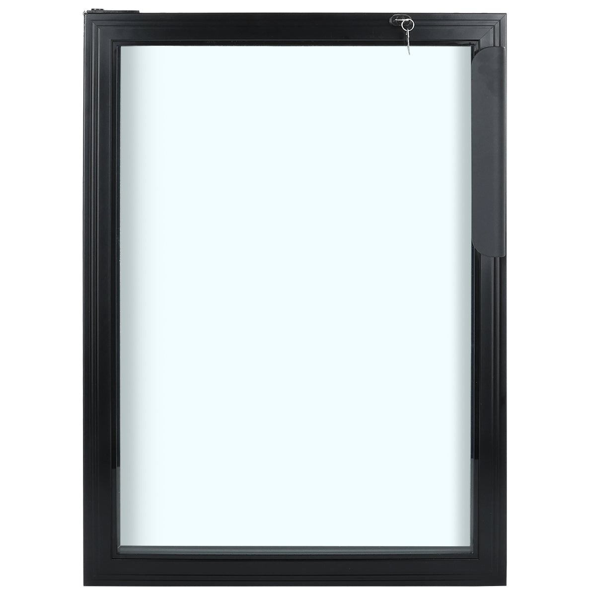 A modern, black-framed rectangular window with clear glass. A metal handle is attached to the right side, and a small key is inserted into the top right corner—similar to those found on Empura Refrigeration units. The window is closed on a white background.