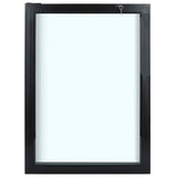 A modern, black-framed rectangular window with clear glass. A metal handle is attached to the right side, and a small key is inserted into the top right corner—similar to those found on Empura Refrigeration units. The window is closed on a white background.