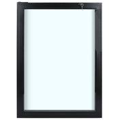 A modern, black-framed rectangular window with clear glass. A metal handle is attached to the right side, and a small key is inserted into the top right corner—similar to those found on Empura Refrigeration units. The window is closed on a white background.