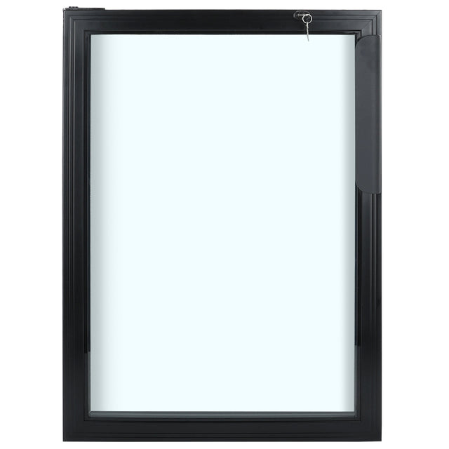 A modern, black-framed rectangular window with clear glass. A metal handle is attached to the right side, and a small key is inserted into the top right corner—similar to those found on Empura Refrigeration units. The window is closed on a white background.