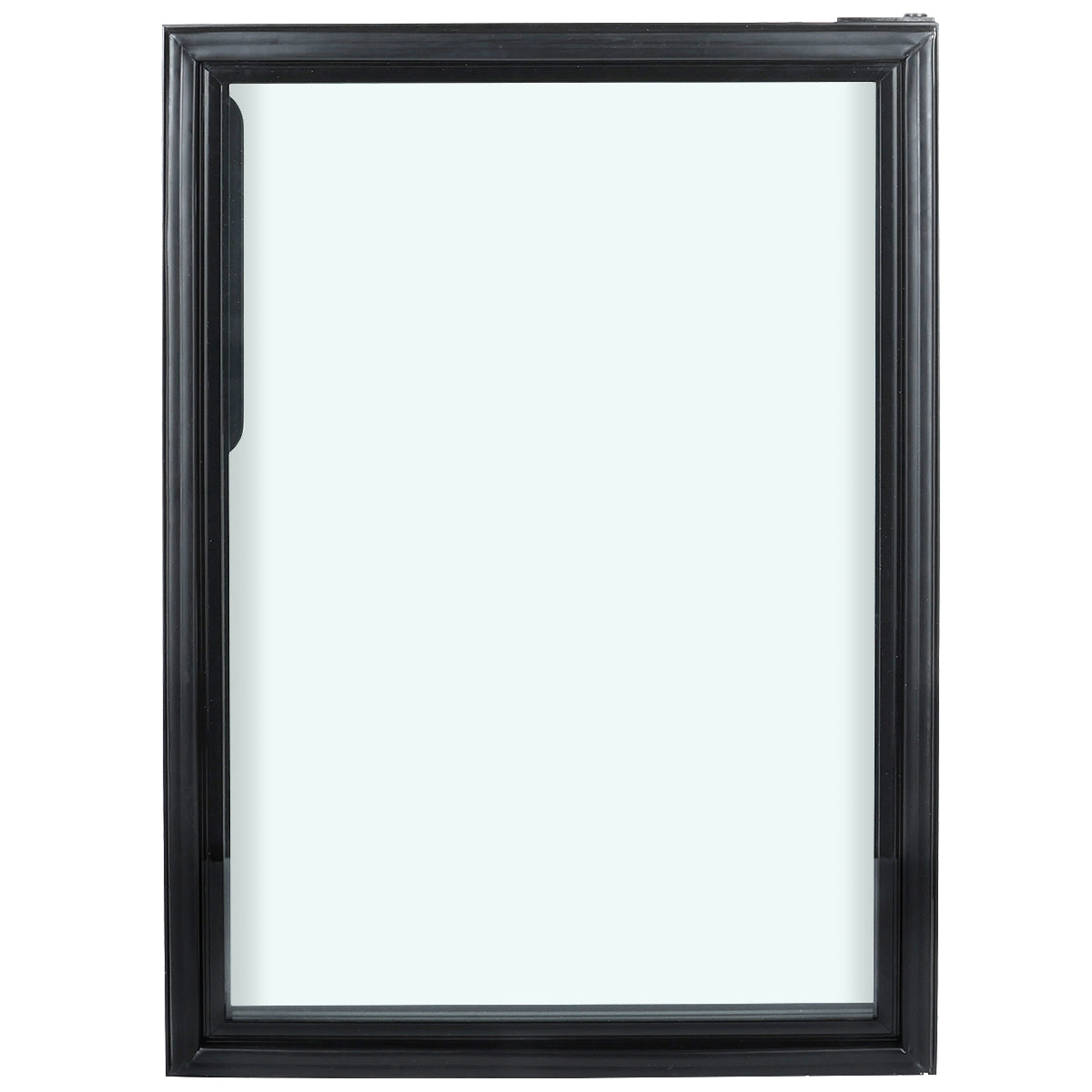 A rectangular window with a black frame, viewed from the front. The frame has a ridged texture, typical of Empura Refrigeration Door Left replacement parts, and a small metal latch is visible in the top right corner. The glass is clear; the background is blank and white.