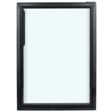 A rectangular window with a black frame, viewed from the front. The frame has a ridged texture, typical of Empura Refrigeration Door Left replacement parts, and a small metal latch is visible in the top right corner. The glass is clear; the background is blank and white.