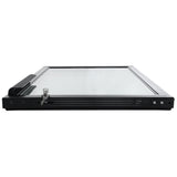 A black-framed glass panel window or door—possibly an Empura Refrigeration unit—is shown lying flat, viewed from the bottom edge. The frame has a handle on the left and a metal lock with key; the reflective surface sits against a plain white background.