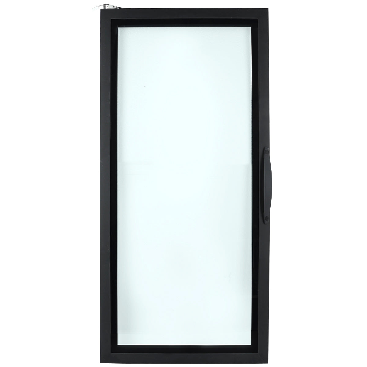 A rectangular Empura Door window with a black frame and frosted glass pane, viewed from the front. There is a black handle on the right side, indicating it opens sideways. The background is white and uncluttered.