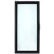 A rectangular Empura Door window with a black frame and frosted glass pane, viewed from the front. There is a black handle on the right side, indicating it opens sideways. The background is white and uncluttered.