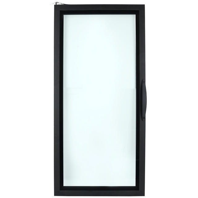 A rectangular Empura Door window with a black frame and frosted glass pane, viewed from the front. There is a black handle on the right side, indicating it opens sideways. The background is white and uncluttered.