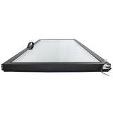 A flat rectangular EGM-50W solar panel with a black frame, photographed from a low angle at one end. The panel has a glass surface, a metal handle on the left, and two electrical cables protruding from the right corner. Background is plain white.