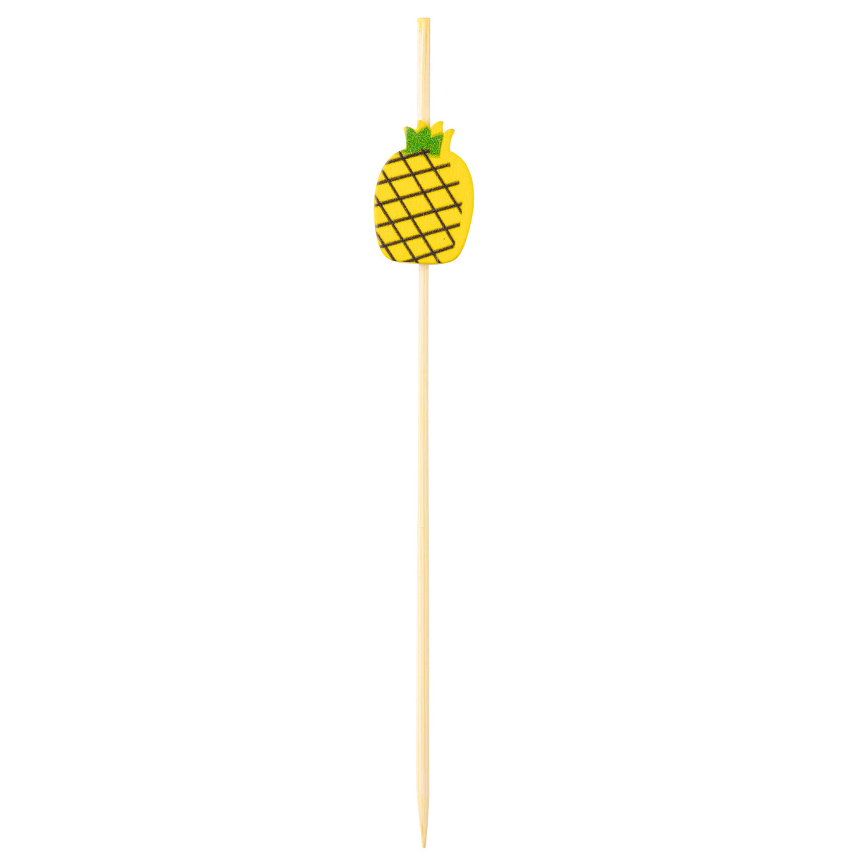 A wooden skewer from TableCraft Products with a decorative pineapple-shaped top. These bamboo pineapple picks are yellow with black crisscross lines, small green leaves, and feature a long, thin, pointed end—perfect for festive presentations.