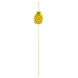 A wooden skewer from TableCraft Products with a decorative pineapple-shaped top. These bamboo pineapple picks are yellow with black crisscross lines, small green leaves, and feature a long, thin, pointed end—perfect for festive presentations.