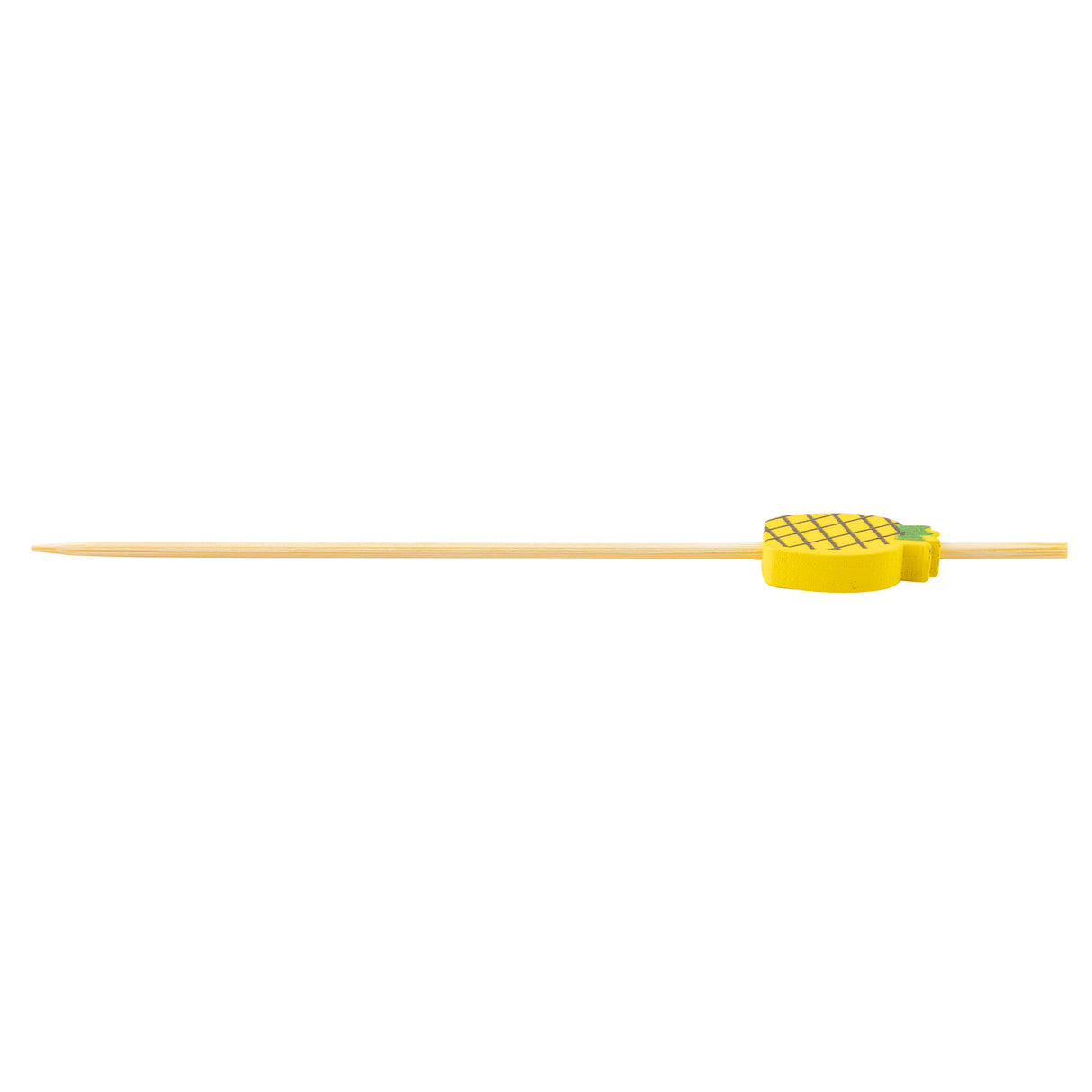A bamboo pineapple pick with a small, yellow, pineapple-shaped decoration and green leafy top adds a fun touch to cocktails. This decorative pick from TableCraft Products is shown horizontally on a white background.
