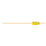 A bamboo pineapple pick with a small, yellow, pineapple-shaped decoration and green leafy top adds a fun touch to cocktails. This decorative pick from TableCraft Products is shown horizontally on a white background.