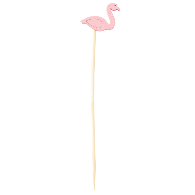 A wooden cocktail stick topped with a flat, pink flamingo decoration, this bamboo flamingo pick features a simple cutout bird design—an eye-catching choice among decorative picks from TableCraft products, set against a white background.