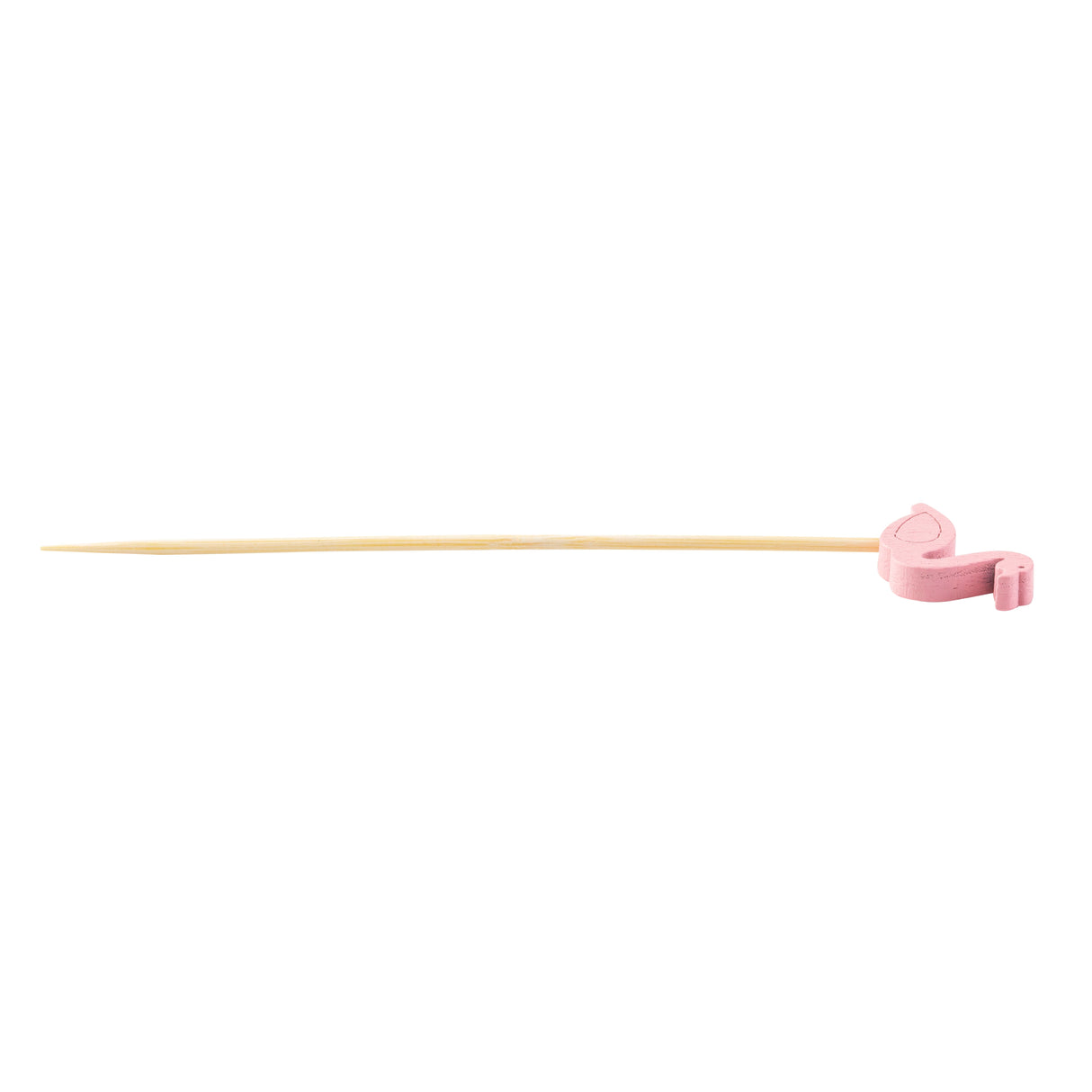 A wooden skewer, part of the TableCraft products bamboo flamingo picks collection, features a small pink flamingo-shaped decoration near one end. Laid horizontally on a white background, the decorative pick’s bird sits on the right.