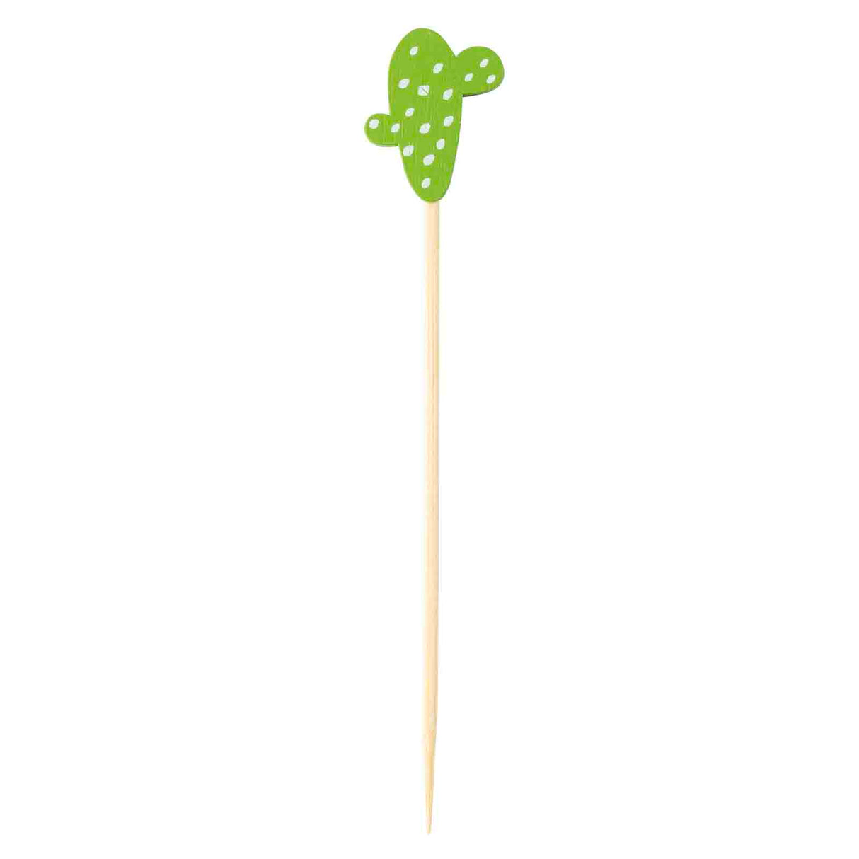 A bamboo pick from TableCraft Products, featuring a green cactus-shaped topper with white dotted details for spines, stands vertically on a plain white background—a fun choice among decorative picks.