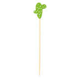 A bamboo pick from TableCraft Products, featuring a green cactus-shaped topper with white dotted details for spines, stands vertically on a plain white background—a fun choice among decorative picks.