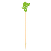A bamboo pick from TableCraft Products, featuring a green cactus-shaped topper with white dotted details for spines, stands vertically on a plain white background—a fun choice among decorative picks.