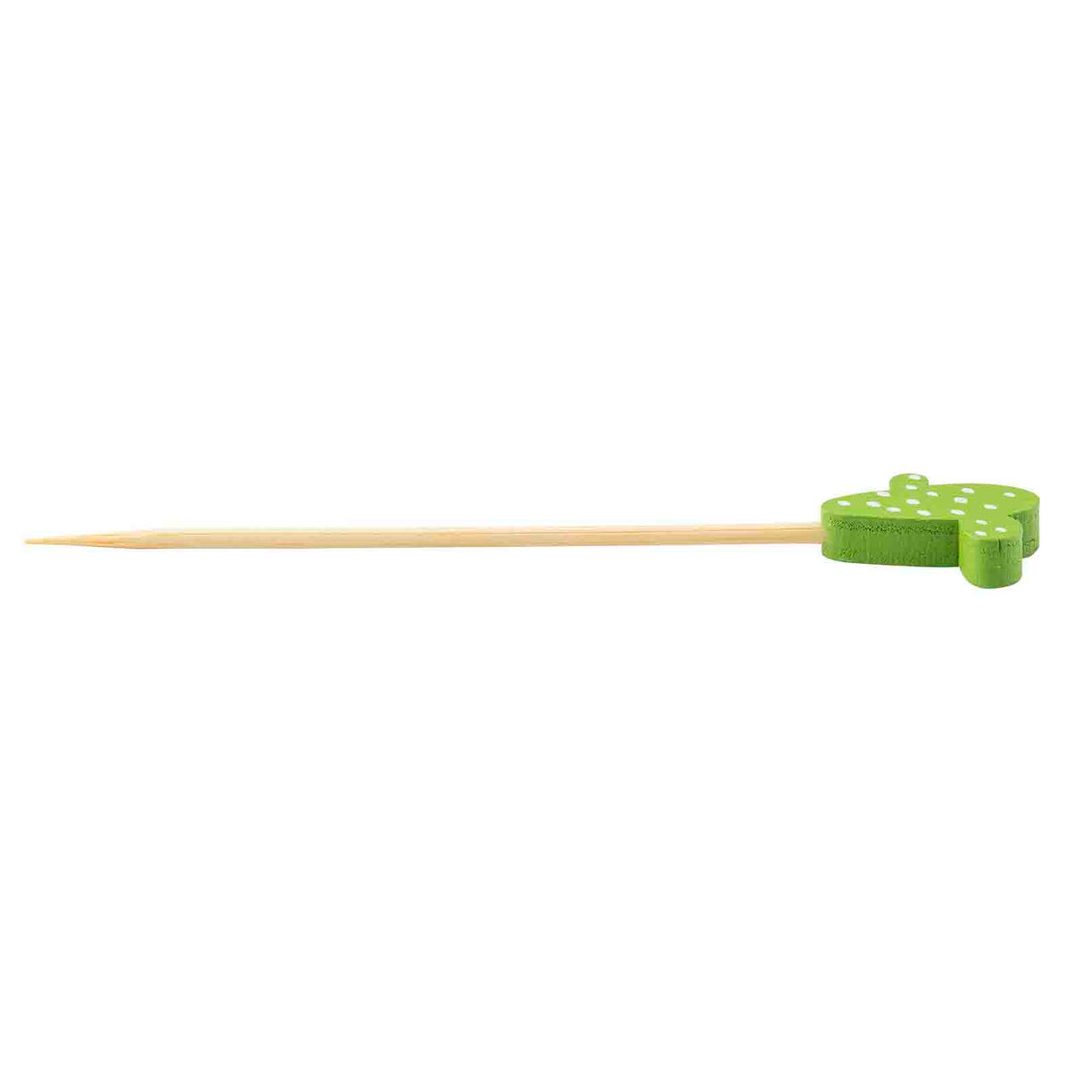 A wooden bamboo pick with a pointed tip features a small, green cactus-shaped decoration with white dots near the blunt end. This playful TableCraft Products skewer adds a fun, decorative touch—perfect for parties and appetizers.