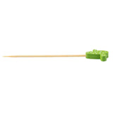 A wooden bamboo pick with a pointed tip features a small, green cactus-shaped decoration with white dots near the blunt end. This playful TableCraft Products skewer adds a fun, decorative touch—perfect for parties and appetizers.