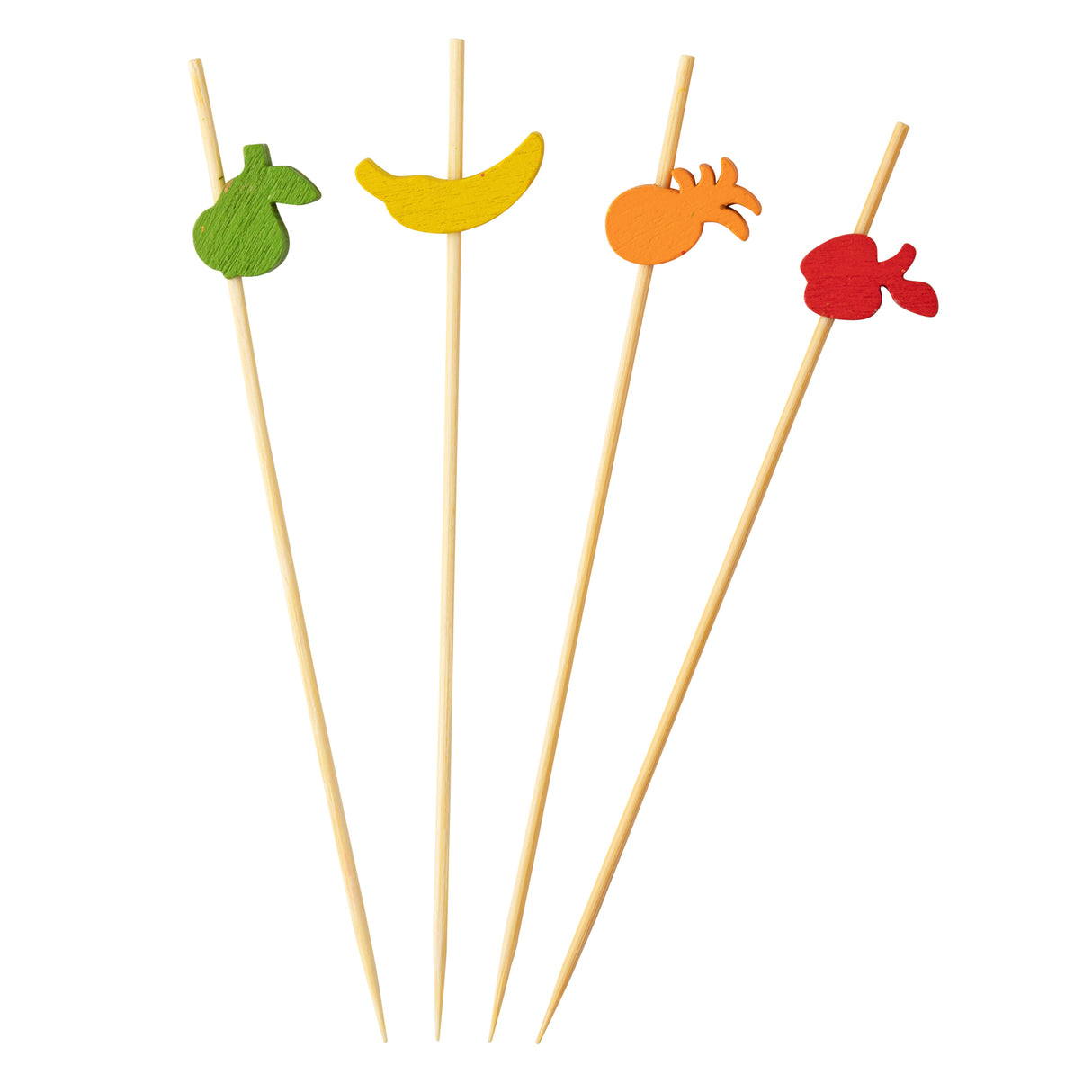 Four wooden decorative picks, each topped with a colored fruit-shaped cutout—green pear, yellow banana, orange pineapple, and red apple—are arranged in a row on a white background. Ideal for parties, these are TableCraft 11204 bamboo pinewood picks.