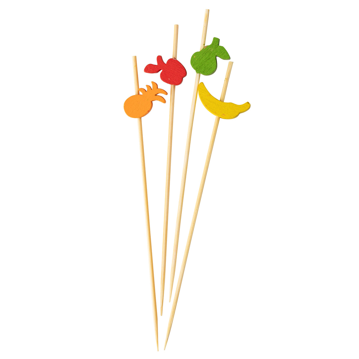 Four decorative picks made of bamboo pinewood, each featuring a colorful fruit-shaped topper—a red strawberry, green apple, orange pineapple, and yellow banana—set against a white background. Ideal for parties or entertaining. Inspired by the TableCraft 11204 style.
