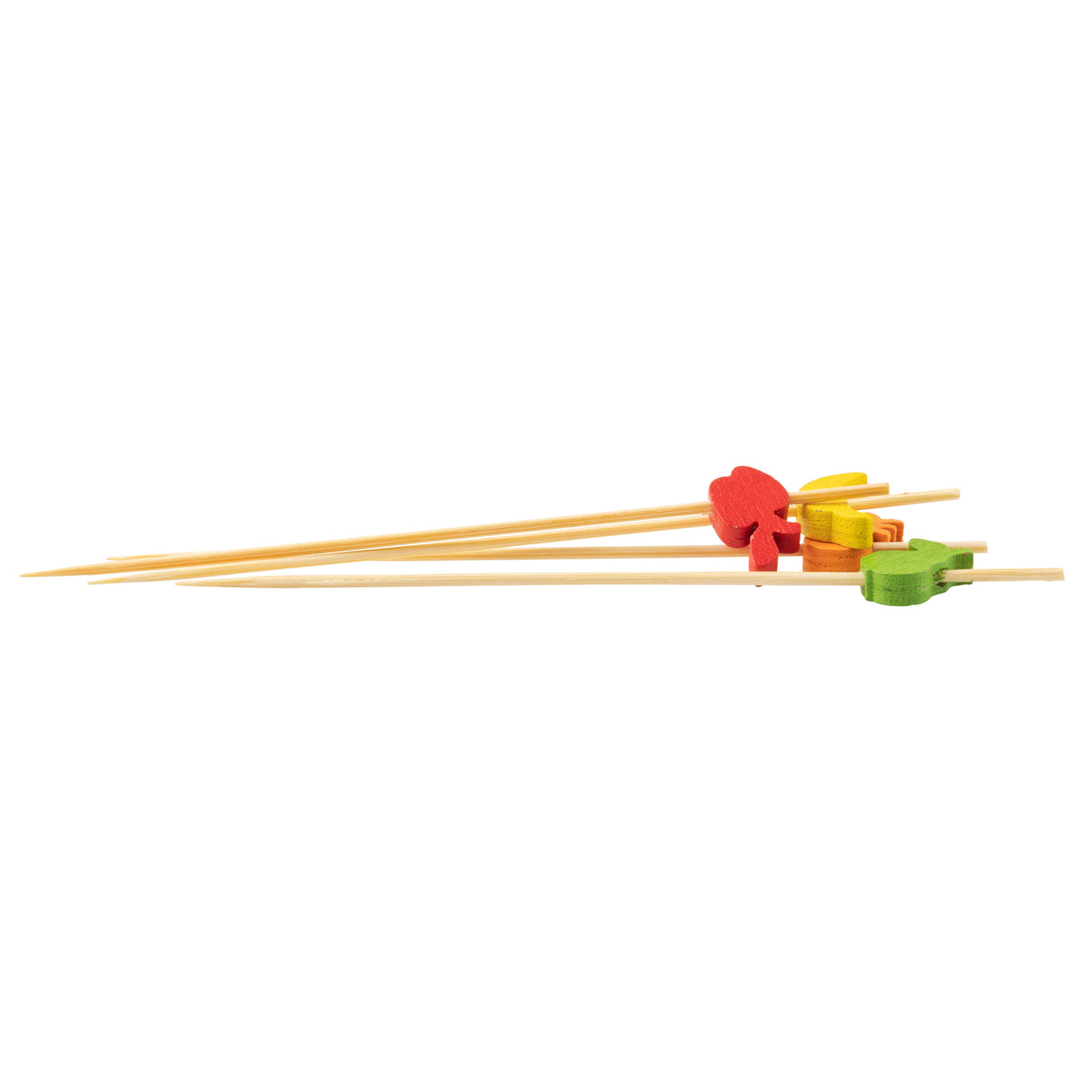 Four wooden decorative picks lie stacked, each topped with a small animal-shaped decoration in red, yellow, green, and orange foam or felt. Each skewer comes to a pointed end. The background is white. Perfect as bamboo pinewood picks for parties.