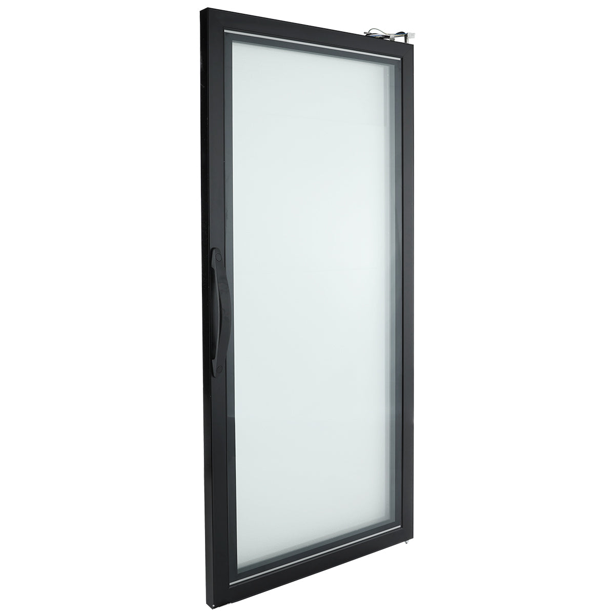 A single Empura Refrigeration glass door with a black metal frame, shown slightly ajar. The door features a vertical black handle on the left and a metallic hinge at the top right corner, emphasizing a modern and minimalist design.