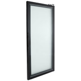 A single Empura Refrigeration glass door with a black metal frame, shown slightly ajar. The door features a vertical black handle on the left and a metallic hinge at the top right corner, emphasizing a modern and minimalist design.