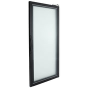 A single Empura Refrigeration glass door with a black metal frame, shown slightly ajar. The door features a vertical black handle on the left and a metallic hinge at the top right corner, emphasizing a modern and minimalist design.