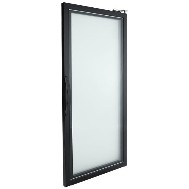 A single Empura Refrigeration glass door with a black metal frame, shown slightly ajar. The door features a vertical black handle on the left and a metallic hinge at the top right corner, emphasizing a modern and minimalist design.